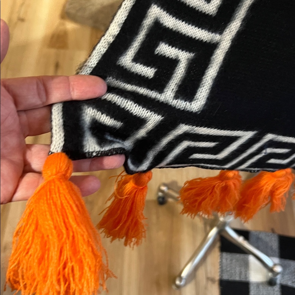 Long Black and White Scarf / Table Runner  with Orange Tassels - Picture 4 of 6